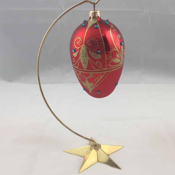 VINTAGE ARTISAN HANDCRAFTED RED EGG SHAPED CHRISTMAS ORNAMENT UPCYCLED - Picture 2 of 8